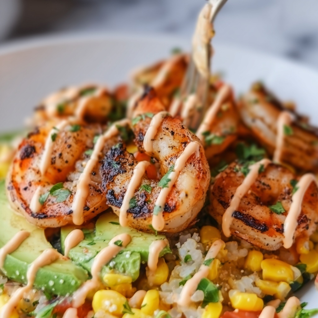 Yummy Grilled Shrimp Bowl with Avocado Corn Salsa and Creamy Sauce Recipe - Recipe Image