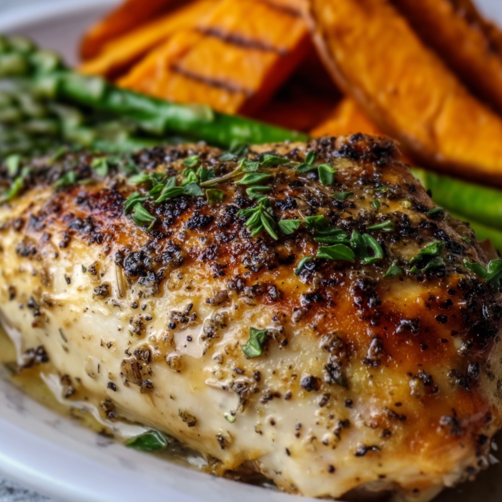 Garlic Herb Chicken with Roasted Sweet Potato & Asparagus Recipe - Recipe Image