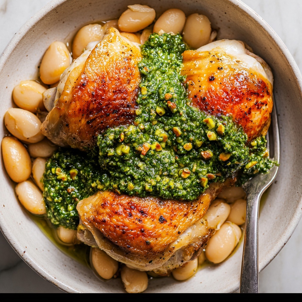 One-Pan Crispy Chicken with Cannellini Beans and Pistachio Pesto Recipe - Recipe Image