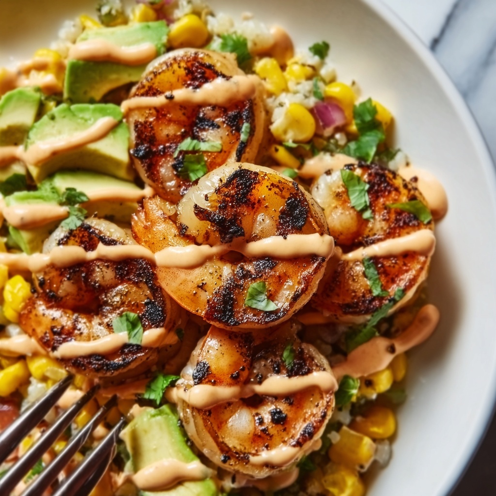 Yummy Grilled Shrimp Bowl with Avocado Corn Salsa and Creamy Sauce Recipe - Recipe Image