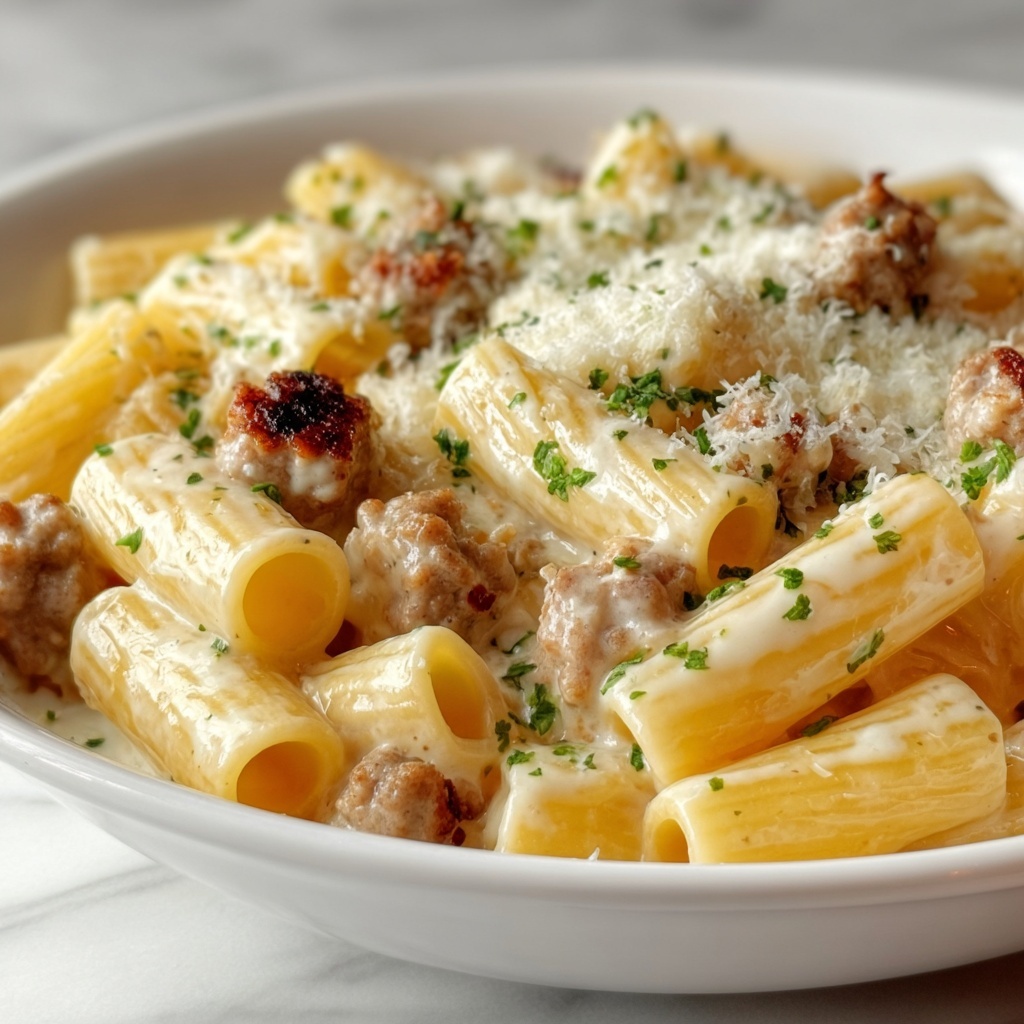 Creamy Garlic Sausage Alfredo Rigatoni Recipe - Recipe Image