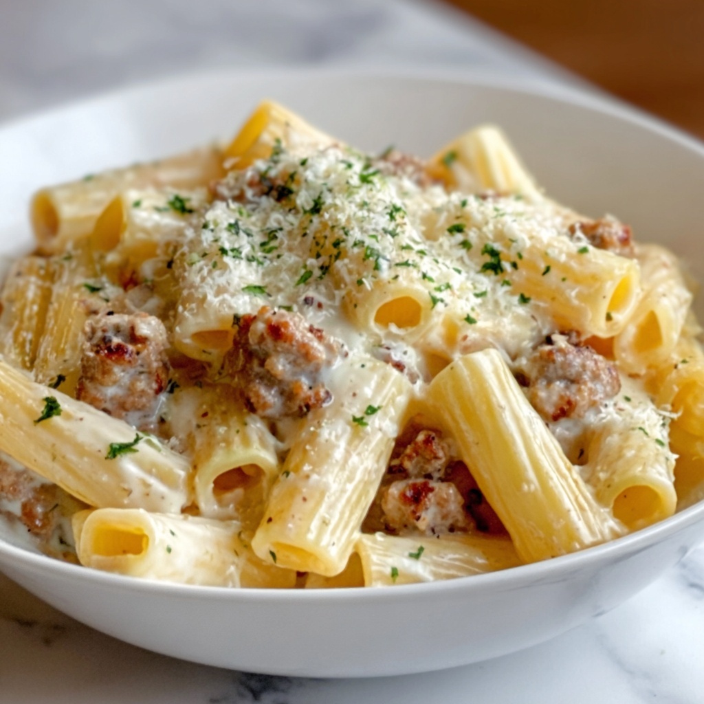 Creamy Garlic Sausage Alfredo Rigatoni Recipe - Recipe Image