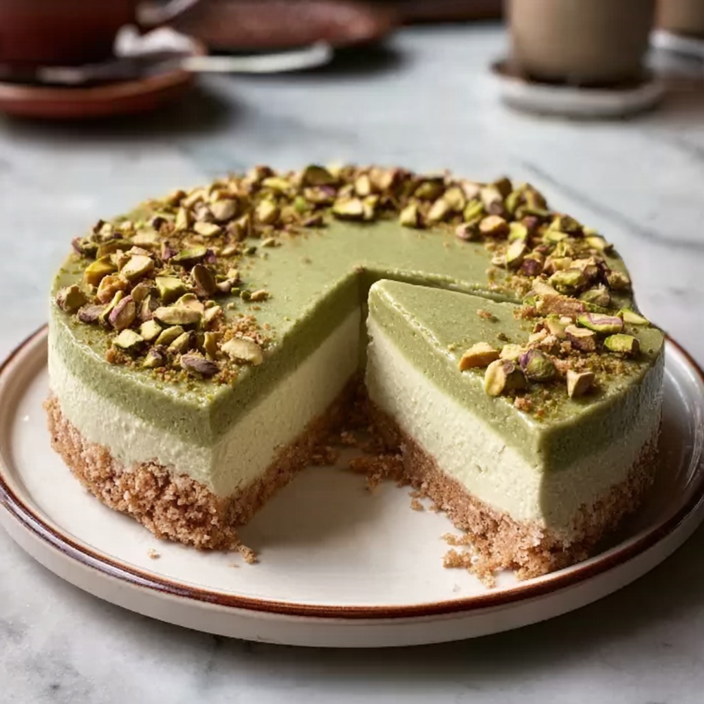 Pistachio Cheesecake with Almond Crust Recipe - Recipe Image