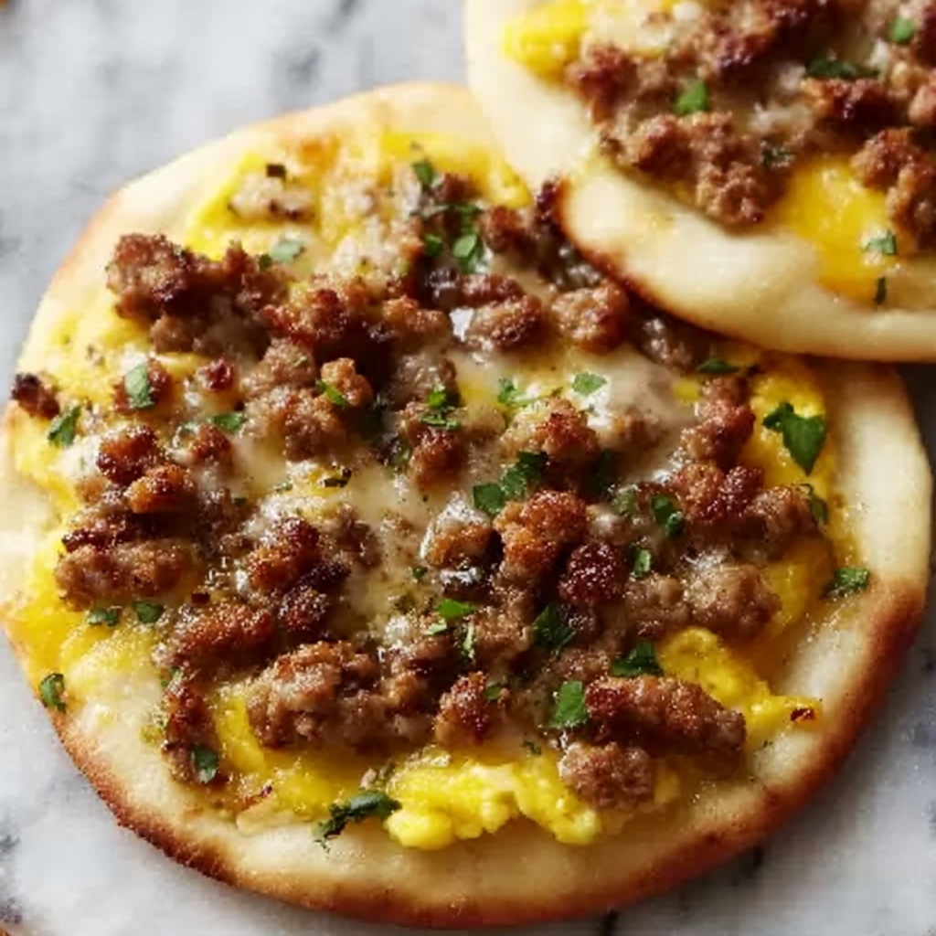 English Muffin Breakfast Pizza with Sawmill Gravy, Eggs, Sausage, and Cheddar Recipe - Recipe Image