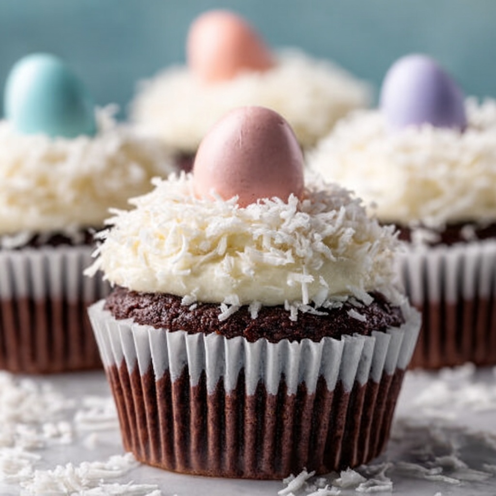 Chocolate Coconut Easter Cupcakes with Ganache Filling and Festive Decorations Recipe - Recipe Image