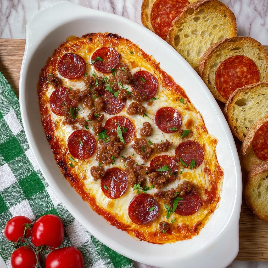 Hot Honey Pepperoni and Sausage Pizza Dip with Garlic Crostini Recipe - Recipe Image