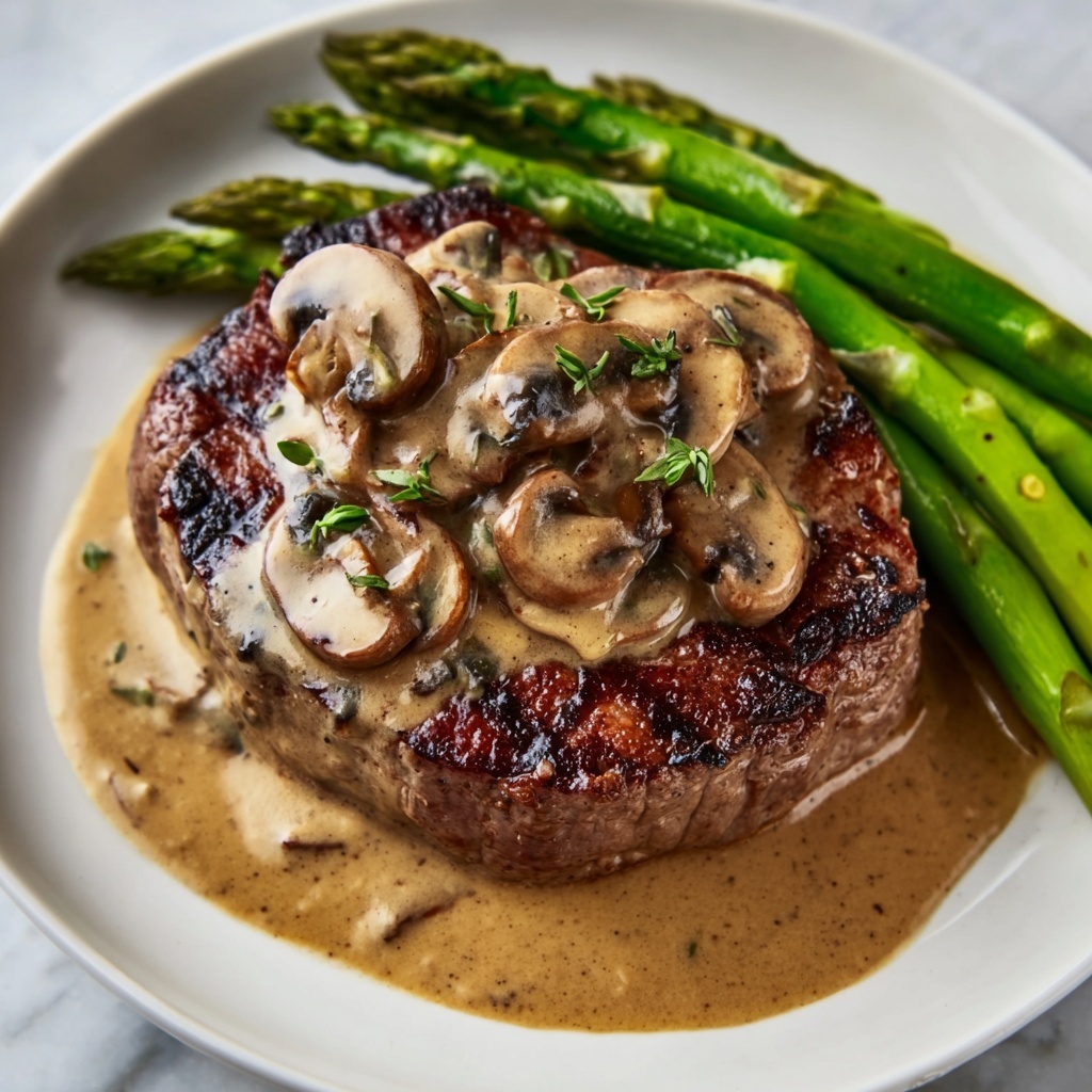 Steak with Creamy Mushroom Sauce & Asparagus Recipe - Recipe Image