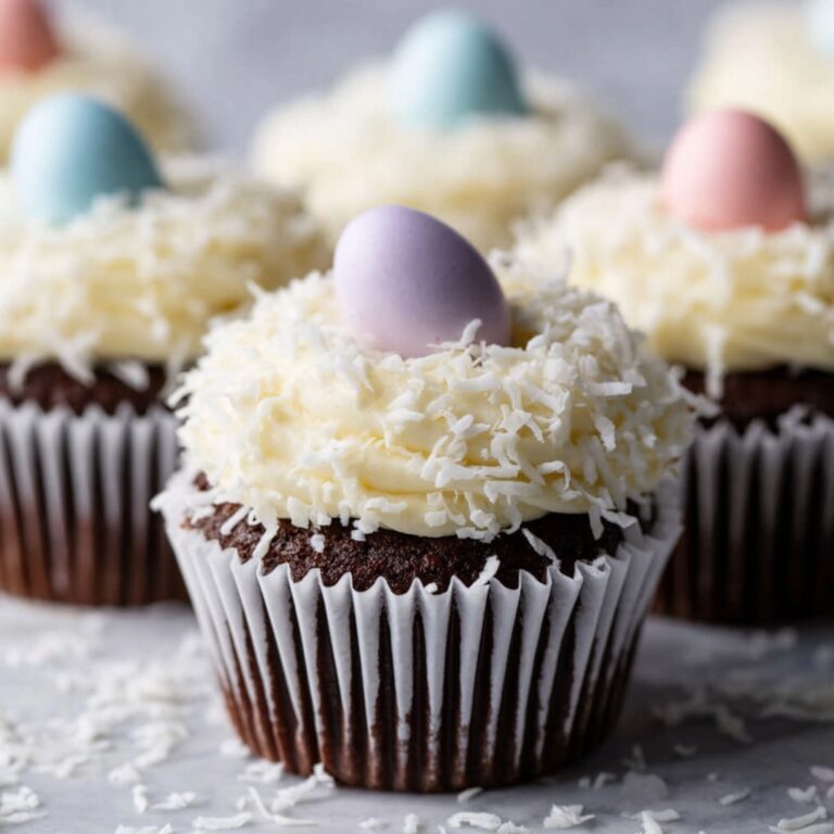 Chocolate Coconut Easter Cupcakes with Ganache Filling and Festive Decorations Recipe