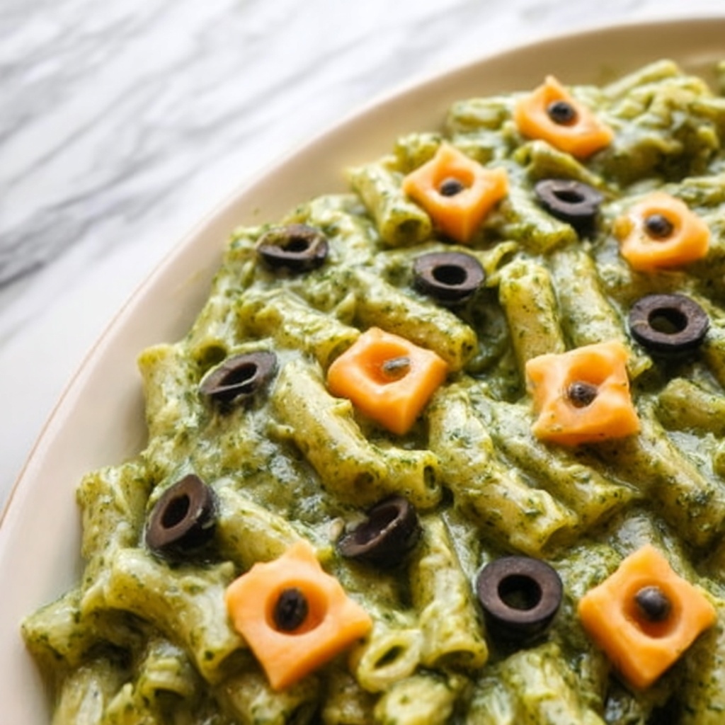 Halloween Green Mac and Cheese with Spooky Eyeballs Recipe - Recipe Image