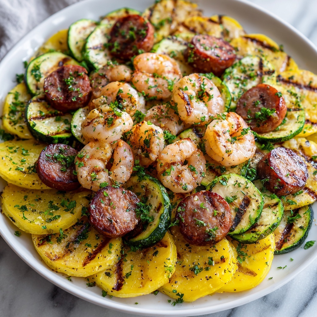 Shrimp, Zucchini, Potatoes, and Spicy Italian Sausage Foil Pack Recipe - Recipe Image